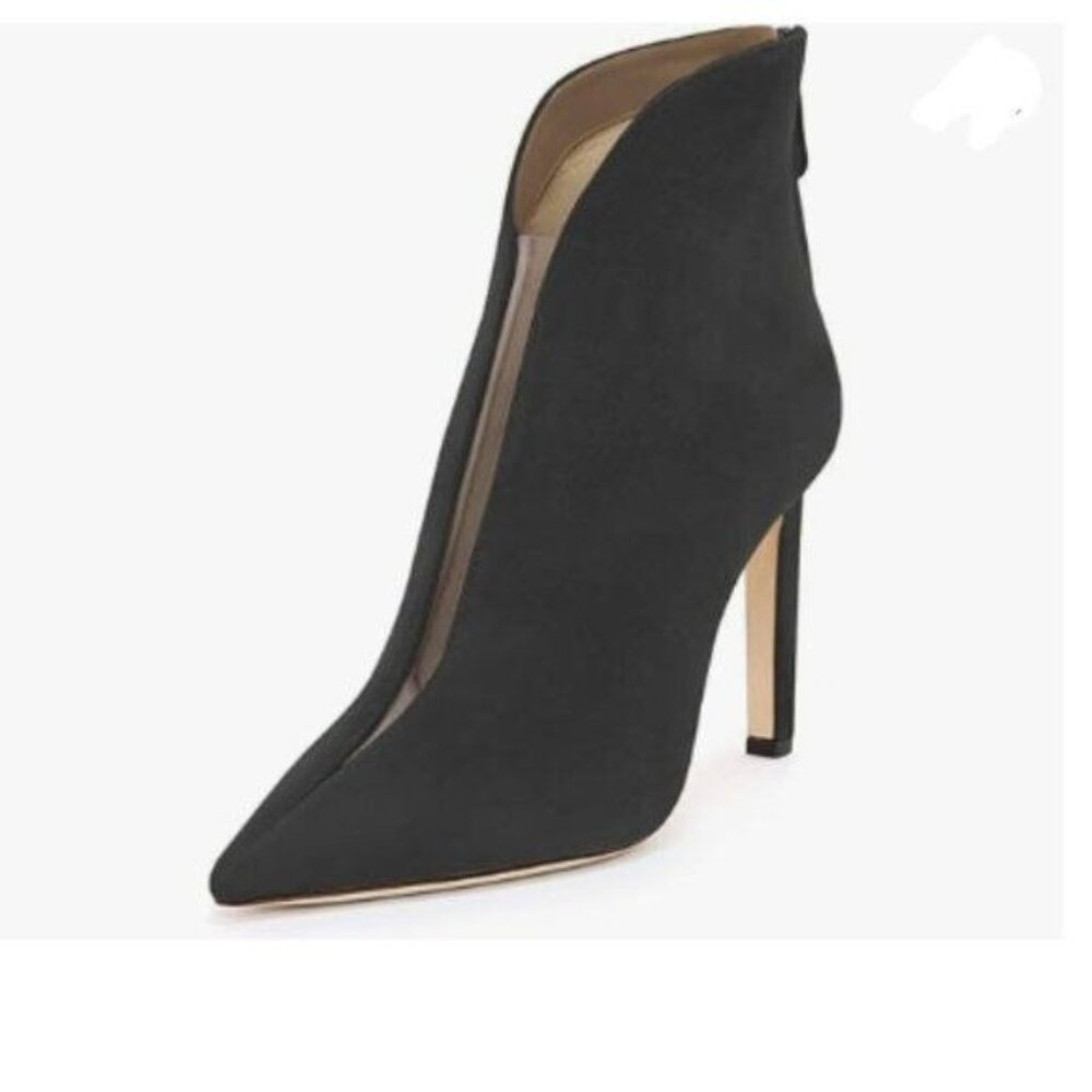 YDN Black Pointed Toe V Cut Ankle Boot Mid Heel Suede Zippers Boot Shoes
